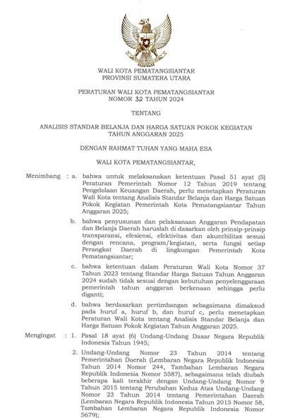 Peraturan Wali Kota Pematangsiantar Tentang Analisis Standar Belanja Kota Pematangsiantar Tahun 2025