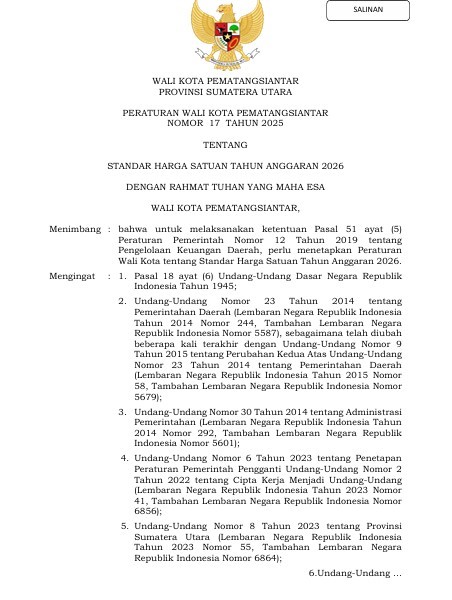 Peraturan Wali Kota Pematangsiantar Tentang Standar Harga Satuan Pemerintah Kota Pematangsiantar Tah