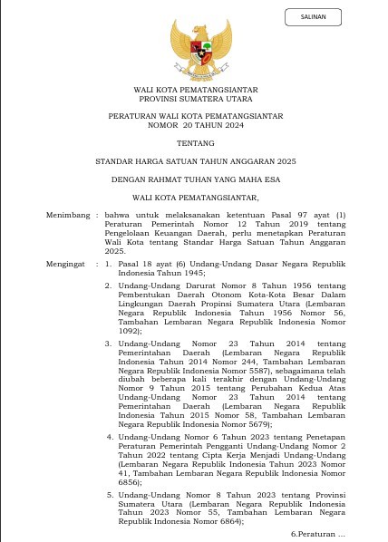 Peraturan Wali Kota Pematangsiantar Tentang Standar Harga Satuan Pemerintah Kota Pematangsiantar Tah